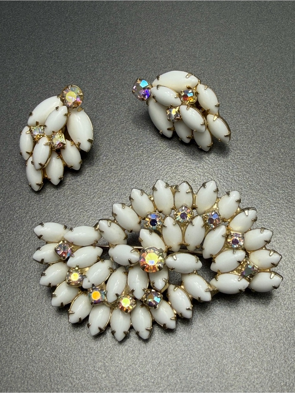 Vintage Navette Milk Glass Brooch and Clip-On Earring Set